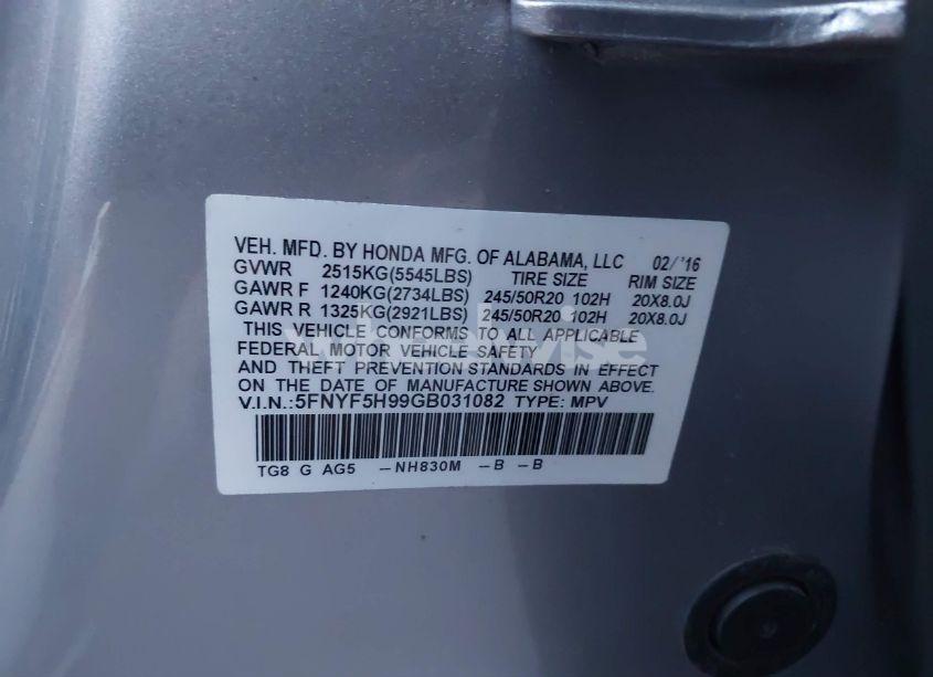 Photo 9 of 2016 Honda Pilot TOURING (VIN 5FNYF5H99GB031082)