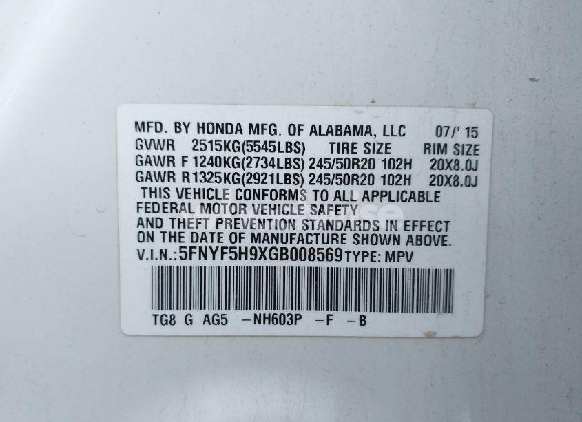 Photo 9 of 2016 Honda Pilot TOURING (VIN 5FNYF5H9XGB008569)