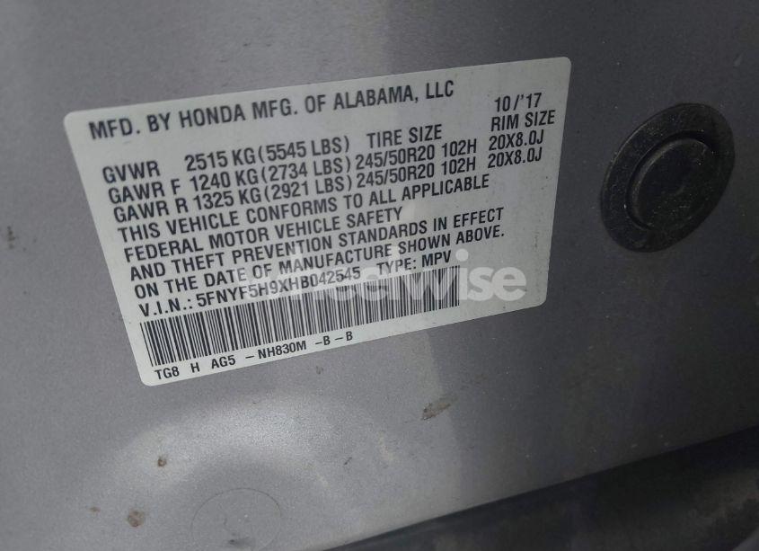 Photo 9 of 2017 Honda Pilot TOURING (VIN 5FNYF5H9XHB042545)