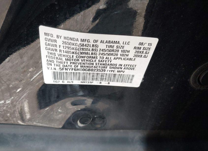 Photo 9 of 2016 Honda Pilot ELITE (VIN 5FNYF6H00GB023539)