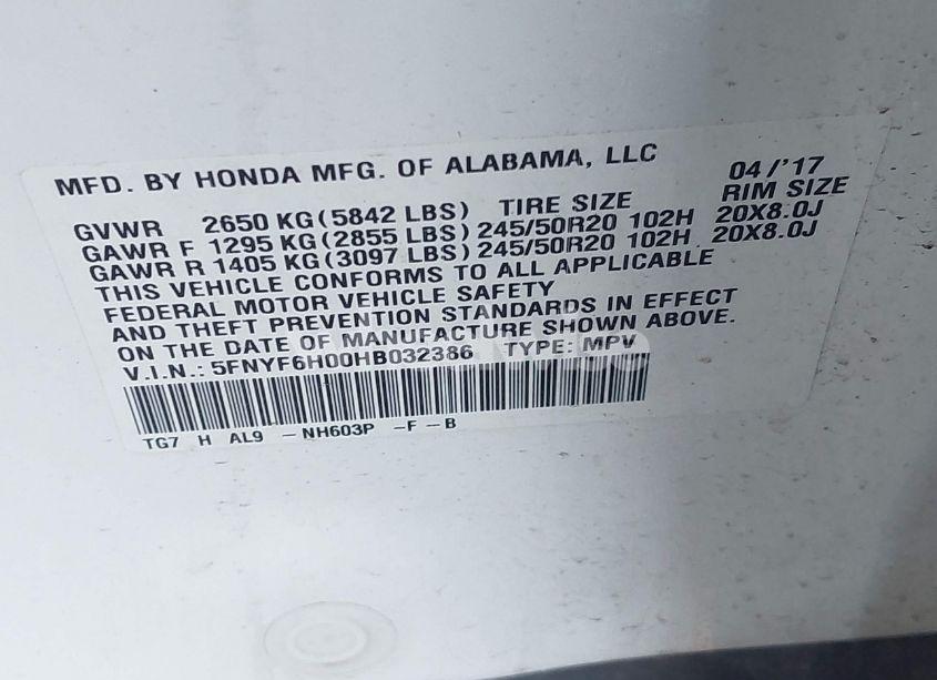 Photo 9 of 2017 Honda Pilot ELITE (VIN 5FNYF6H00HB032386)