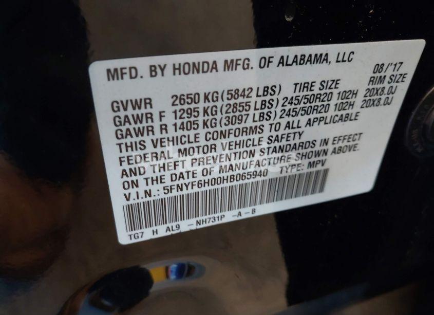 Photo 9 of 2017 Honda Pilot ELITE (VIN 5FNYF6H00HB065940)