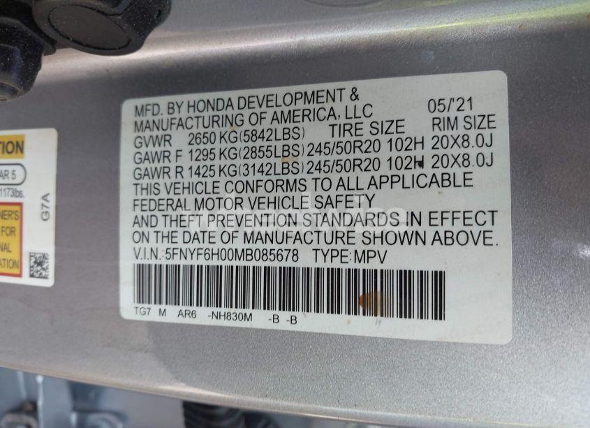 Photo 9 of 2021 Honda Pilot AWD ELITE (VIN 5FNYF6H00MB085678)