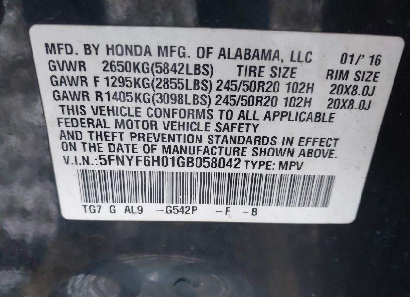 Photo 9 of 2016 Honda Pilot ELITE (VIN 5FNYF6H01GB058042)