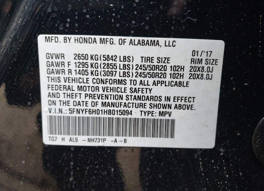 Photo 9 of 2017 Honda Pilot ELITE (VIN 5FNYF6H01HB015094)