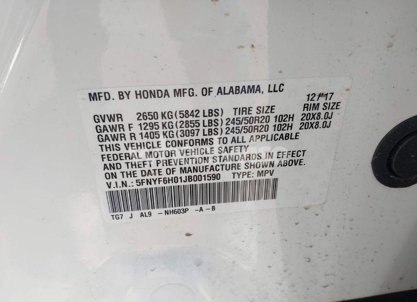 Photo 9 of 2018 Honda Pilot ELITE (VIN 5FNYF6H01JB001590)