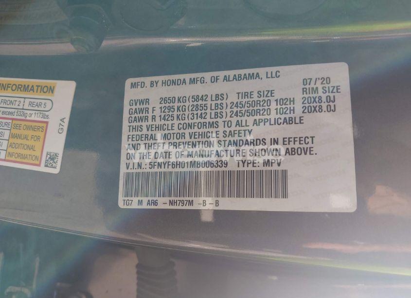 Photo 9 of 2021 Honda Pilot AWD ELITE (VIN 5FNYF6H01MB006339)
