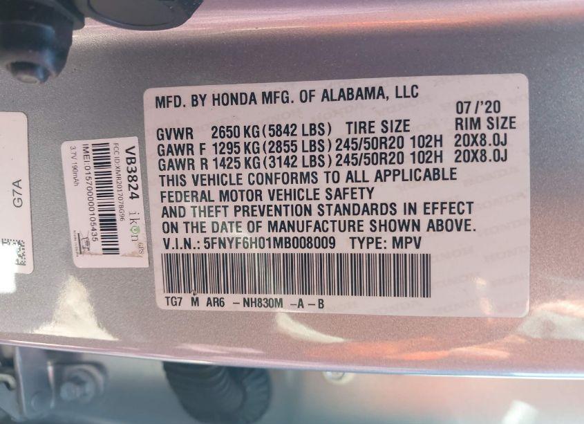 Photo 9 of 2021 Honda Pilot AWD ELITE (VIN 5FNYF6H01MB008009)