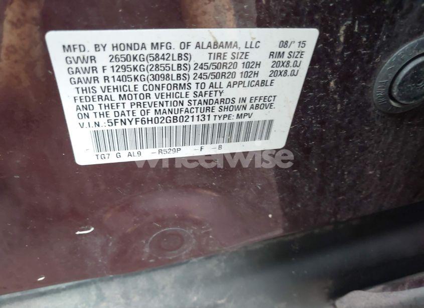 Photo 9 of 2016 Honda Pilot ELITE (VIN 5FNYF6H02GB021131)