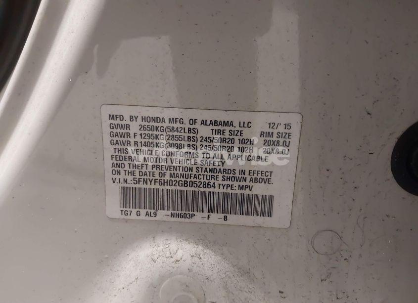 Photo 9 of 2016 Honda Pilot ELITE (VIN 5FNYF6H02GB052864)