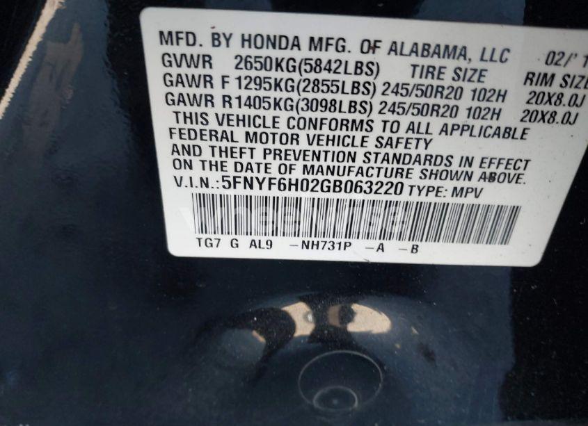 Photo 9 of 2016 Honda Pilot ELITE (VIN 5FNYF6H02GB063220)