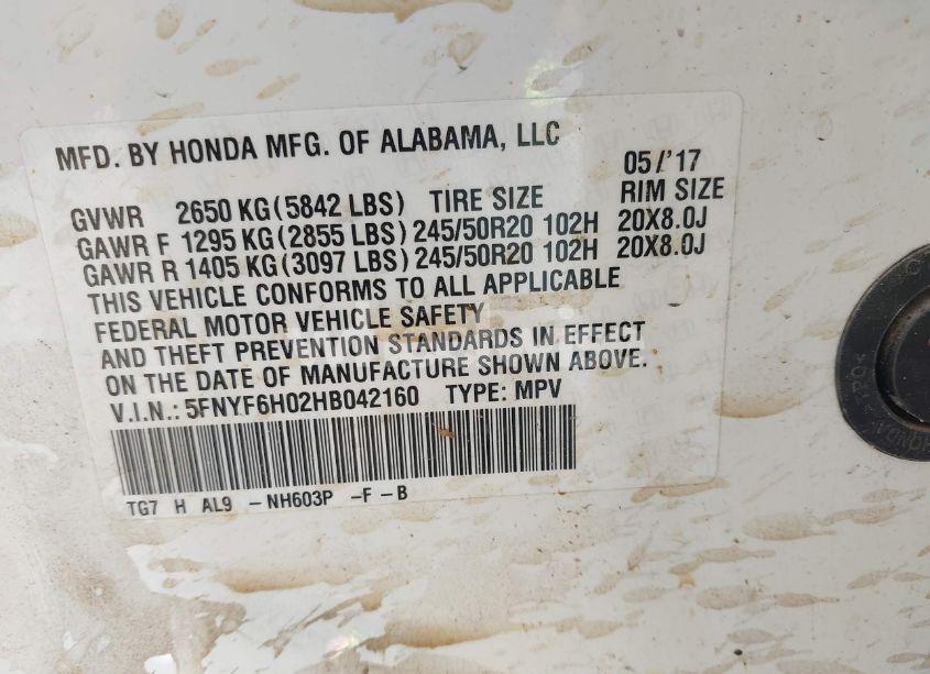 Photo 9 of 2017 Honda Pilot ELITE (VIN 5FNYF6H02HB042160)