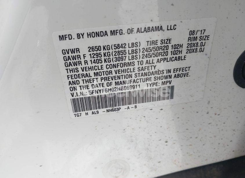 Photo 9 of 2017 Honda Pilot ELITE (VIN 5FNYF6H02HB069911)