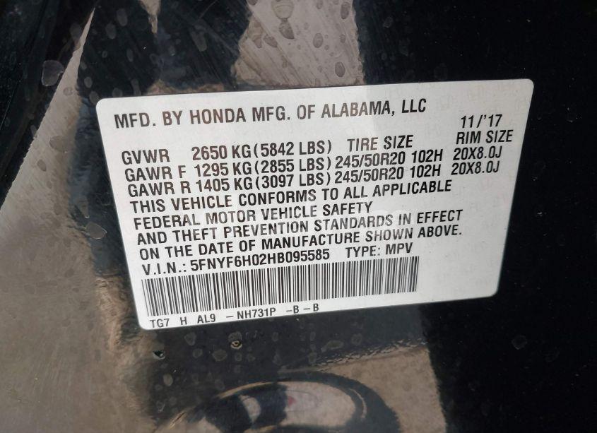 Photo 9 of 2017 Honda Pilot ELITE (VIN 5FNYF6H02HB095585)