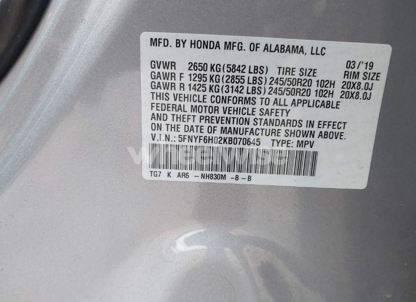 Photo 9 of 2019 Honda Pilot ELITE (VIN 5FNYF6H02KB070645)