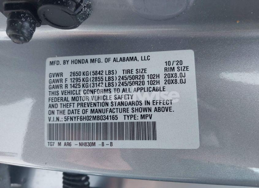 Photo 9 of 2021 Honda Pilot AWD ELITE (VIN 5FNYF6H02MB034165)