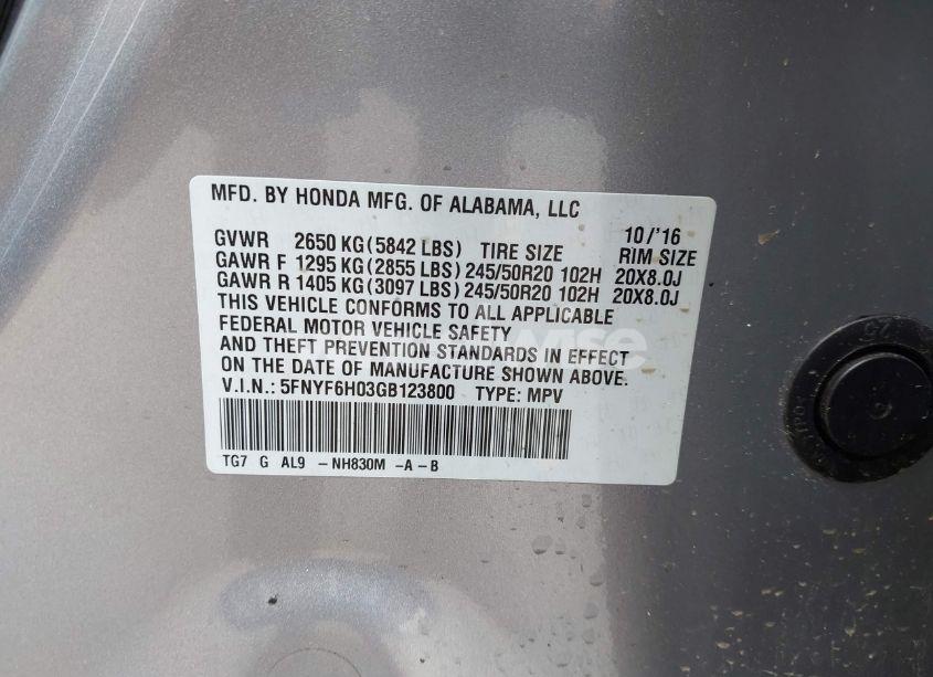 Photo 9 of 2016 Honda Pilot ELITE (VIN 5FNYF6H03GB123800)