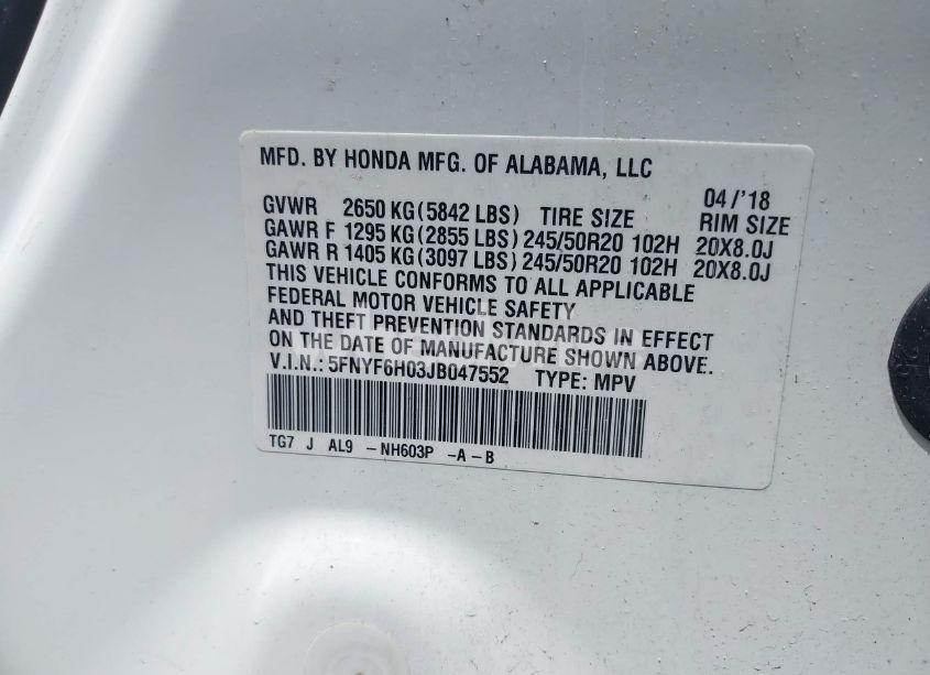 Photo 9 of 2018 Honda Pilot ELITE (VIN 5FNYF6H03JB047552)