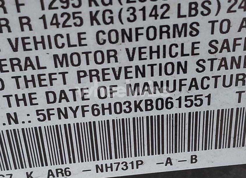 Photo 9 of 2019 Honda Pilot ELITE (VIN 5FNYF6H03KB061551)