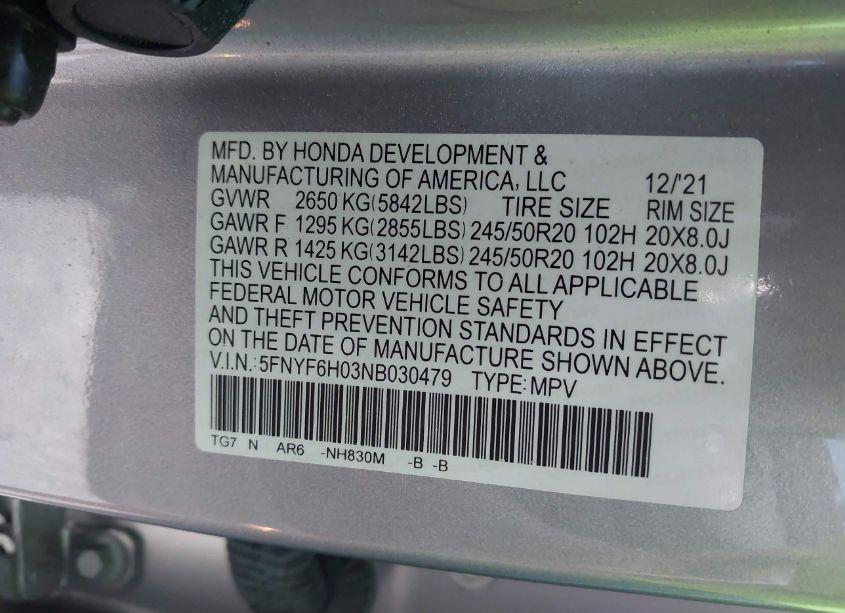 Photo 9 of 2022 Honda Pilot AWD ELITE (VIN 5FNYF6H03NB030479)