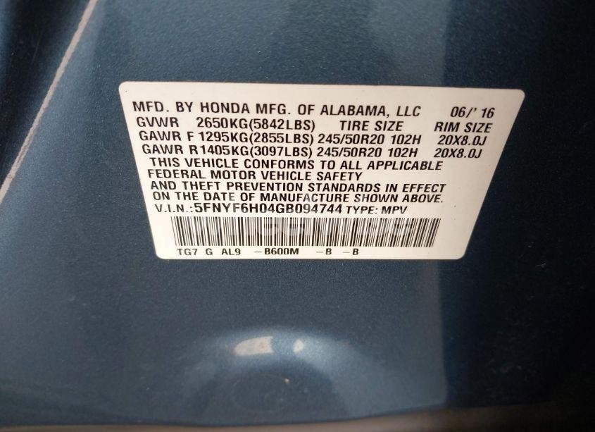 Photo 9 of 2016 Honda Pilot ELITE (VIN 5FNYF6H04GB094744)