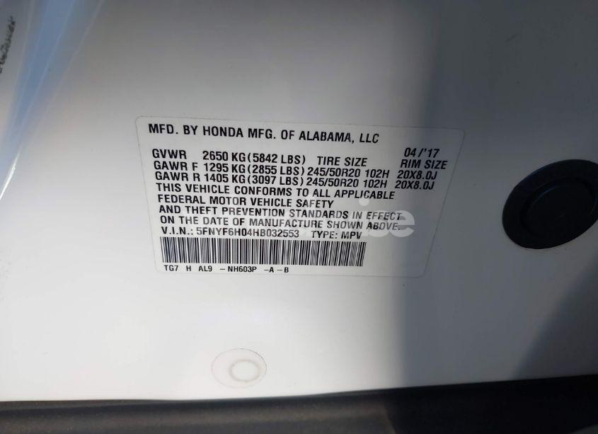 Photo 9 of 2017 Honda Pilot ELITE (VIN 5FNYF6H04HB032553)