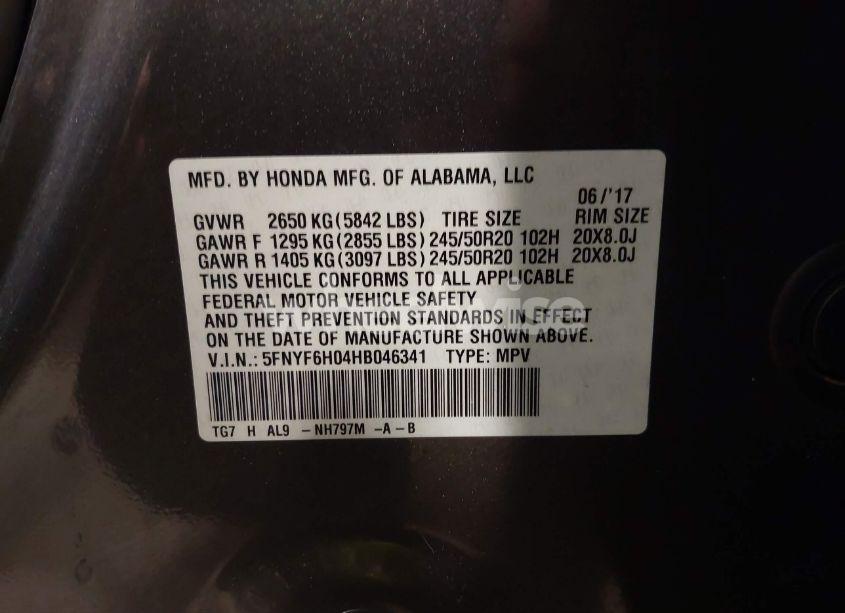 Photo 9 of 2017 Honda Pilot ELITE (VIN 5FNYF6H04HB046341)