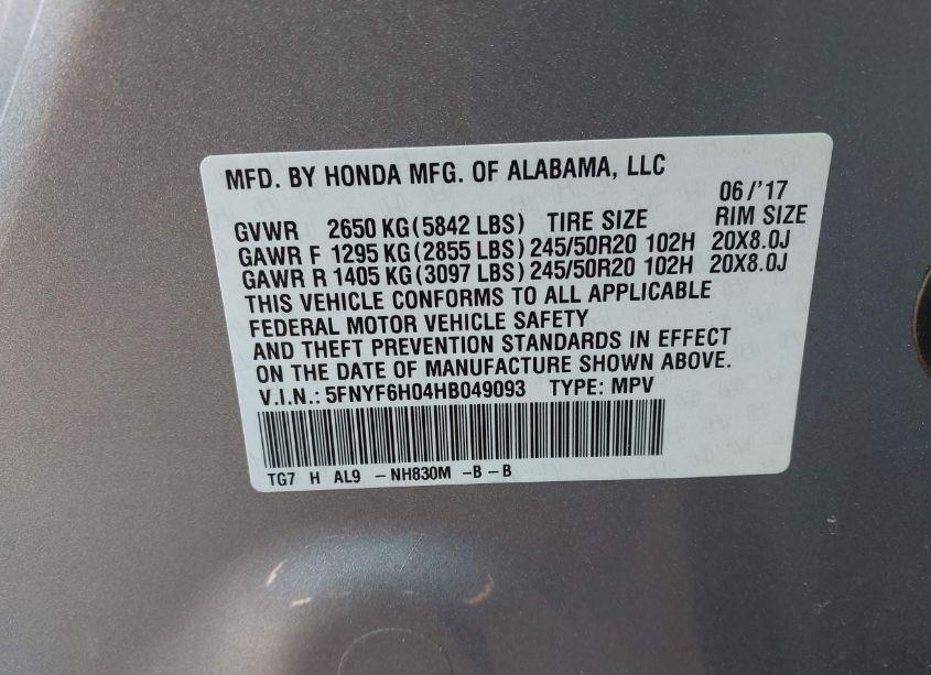 Photo 9 of 2017 Honda Pilot ELITE (VIN 5FNYF6H04HB049093)