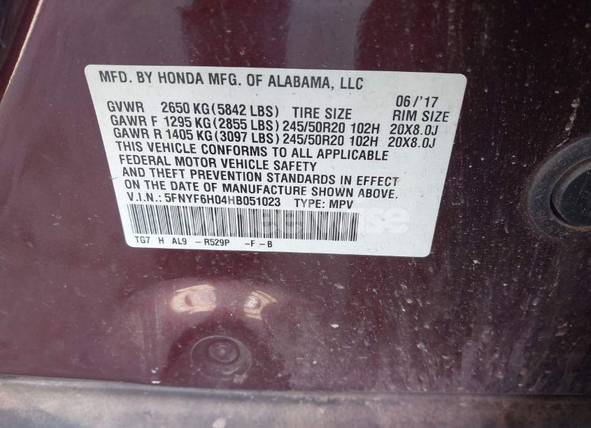 Photo 9 of 2017 Honda Pilot ELITE (VIN 5FNYF6H04HB051023)