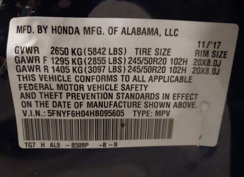 Photo 9 of 2017 Honda Pilot ELITE (VIN 5FNYF6H04HB095605)