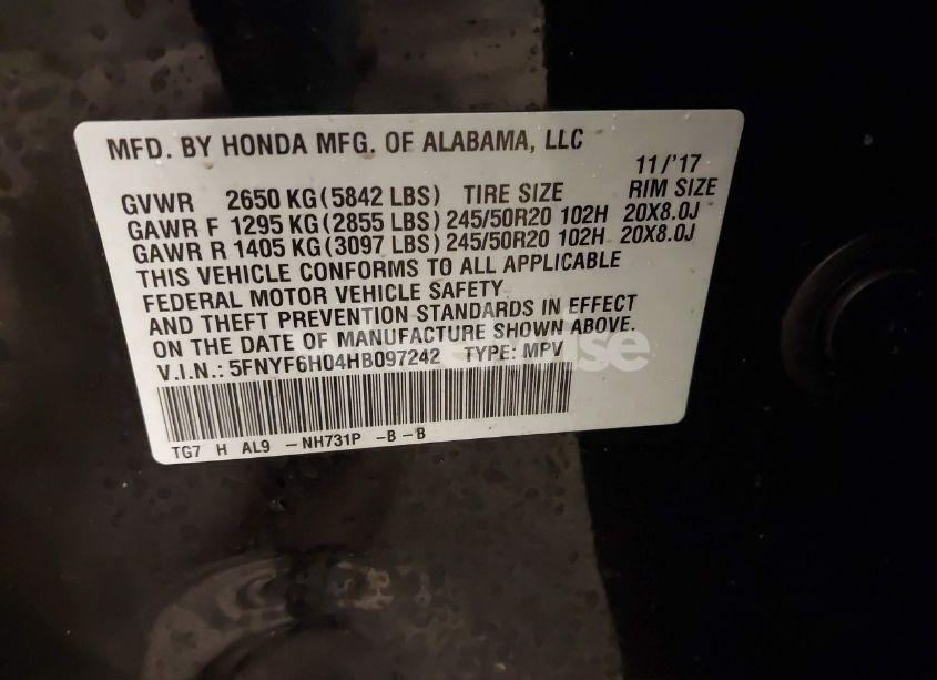 Photo 9 of 2017 Honda Pilot ELITE (VIN 5FNYF6H04HB097242)