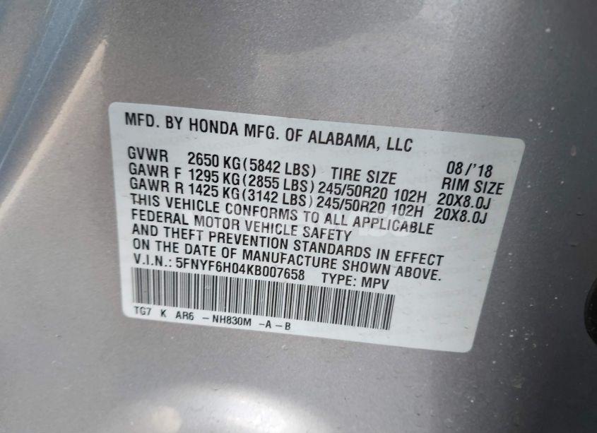 Photo 9 of 2019 Honda Pilot ELITE (VIN 5FNYF6H04KB007658)