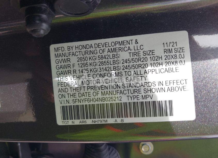Photo 9 of 2022 Honda Pilot AWD ELITE (VIN 5FNYF6H04NB025212)