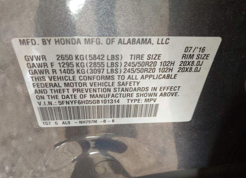 Photo 9 of 2016 Honda Pilot ELITE (VIN 5FNYF6H05GB101314)