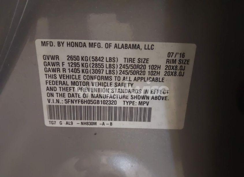 Photo 9 of 2016 Honda Pilot ELITE (VIN 5FNYF6H05GB102320)