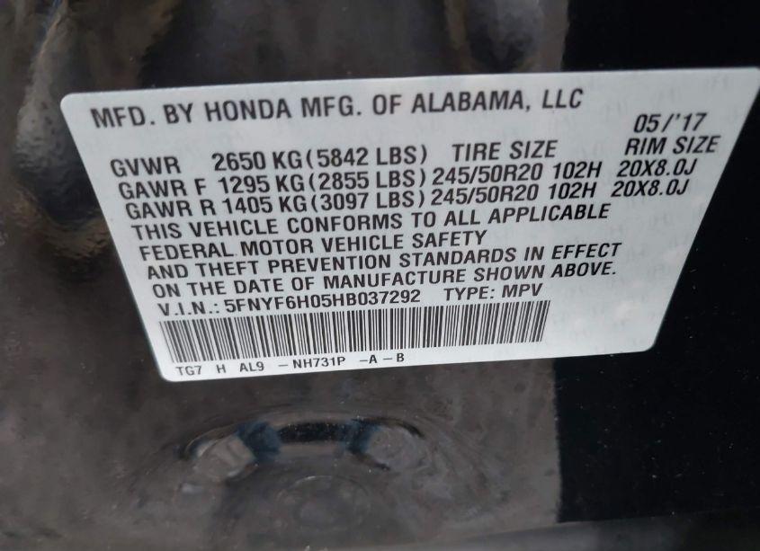 Photo 9 of 2017 Honda Pilot ELITE (VIN 5FNYF6H05HB037292)