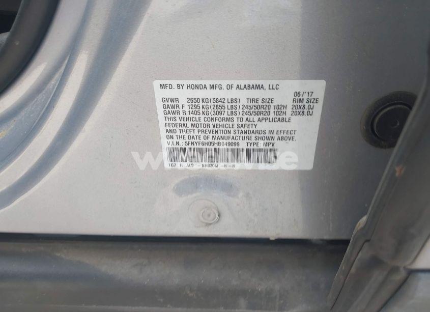 Photo 9 of 2017 Honda Pilot ELITE (VIN 5FNYF6H05HB049099)