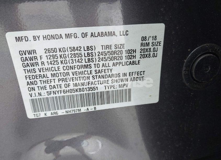 Photo 9 of 2019 Honda Pilot ELITE (VIN 5FNYF6H05KB013551)