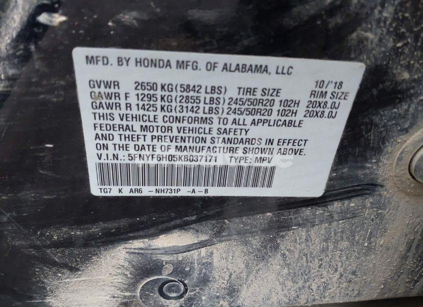 Photo 9 of 2019 Honda Pilot ELITE (VIN 5FNYF6H05KB037171)