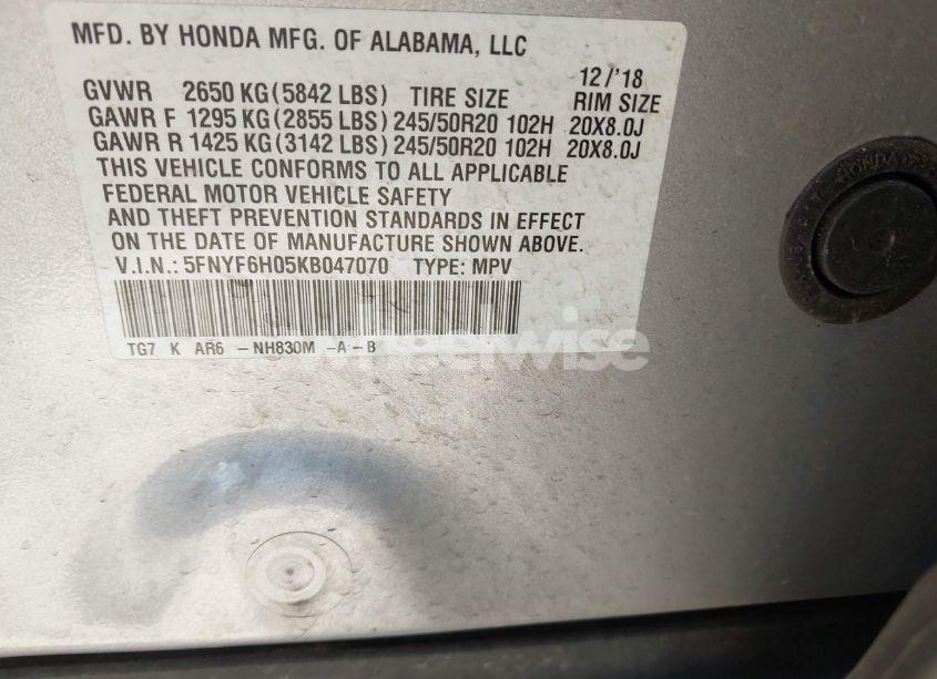 Photo 9 of 2019 Honda Pilot ELITE (VIN 5FNYF6H05KB047070)