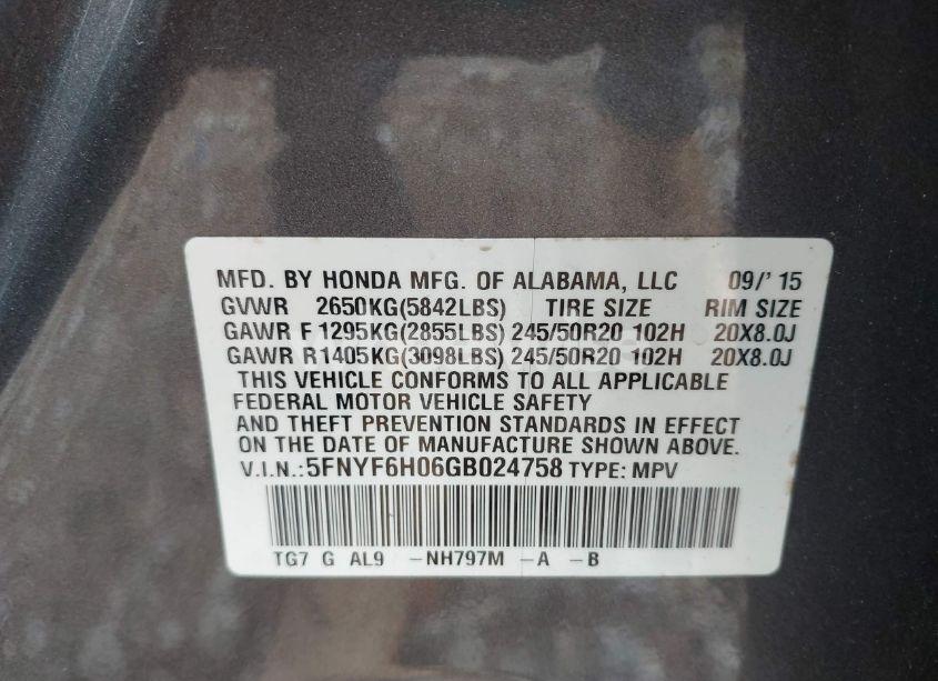 Photo 9 of 2016 Honda Pilot ELITE (VIN 5FNYF6H06GB024758)