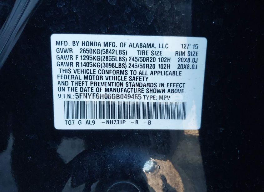 Photo 9 of 2016 Honda Pilot ELITE (VIN 5FNYF6H06GB049465)