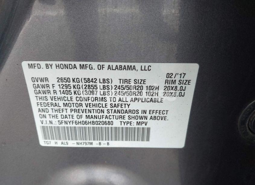 Photo 9 of 2017 Honda Pilot ELITE (VIN 5FNYF6H06HB020680)