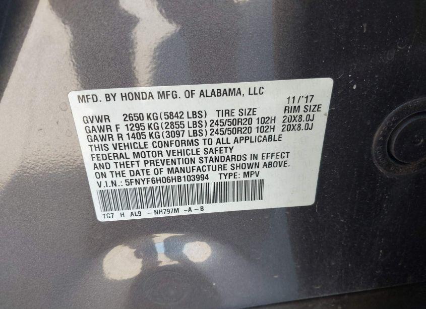 Photo 9 of 2017 Honda Pilot ELITE (VIN 5FNYF6H06HB103994)