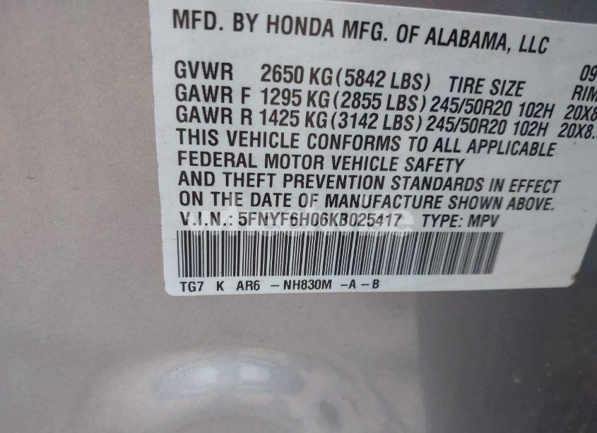 Photo 9 of 2019 Honda Pilot ELITE (VIN 5FNYF6H06KB025417)