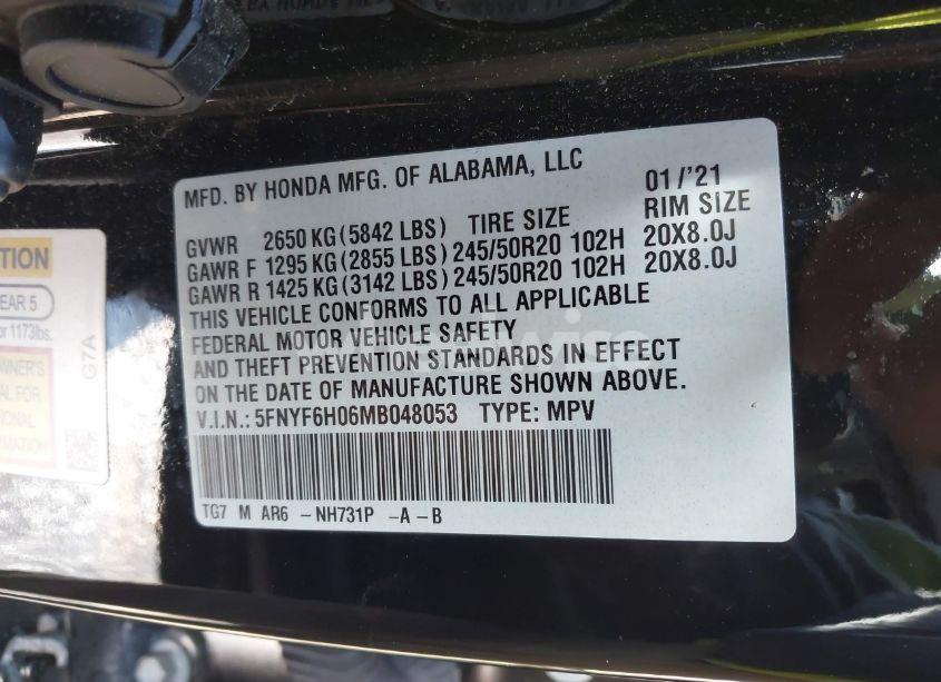 Photo 9 of 2021 Honda Pilot AWD ELITE (VIN 5FNYF6H06MB048053)