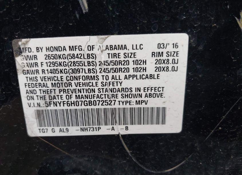 Photo 9 of 2016 Honda Pilot ELITE (VIN 5FNYF6H07GB072527)