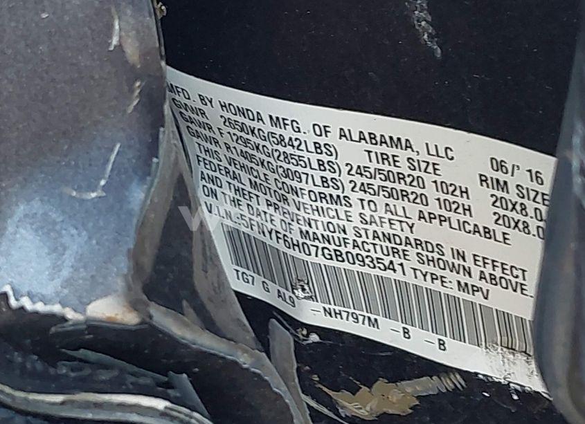 Photo 9 of 2016 Honda Pilot ELITE (VIN 5FNYF6H07GB093541)