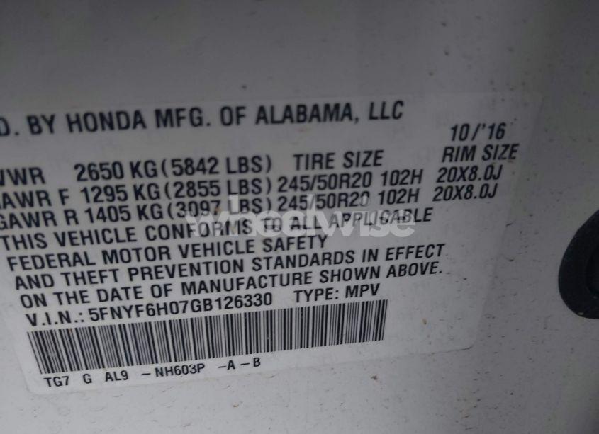 Photo 9 of 2016 Honda Pilot ELITE (VIN 5FNYF6H07GB126330)