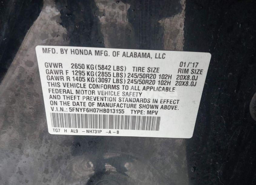 Photo 9 of 2017 Honda Pilot ELITE (VIN 5FNYF6H07HB013155)